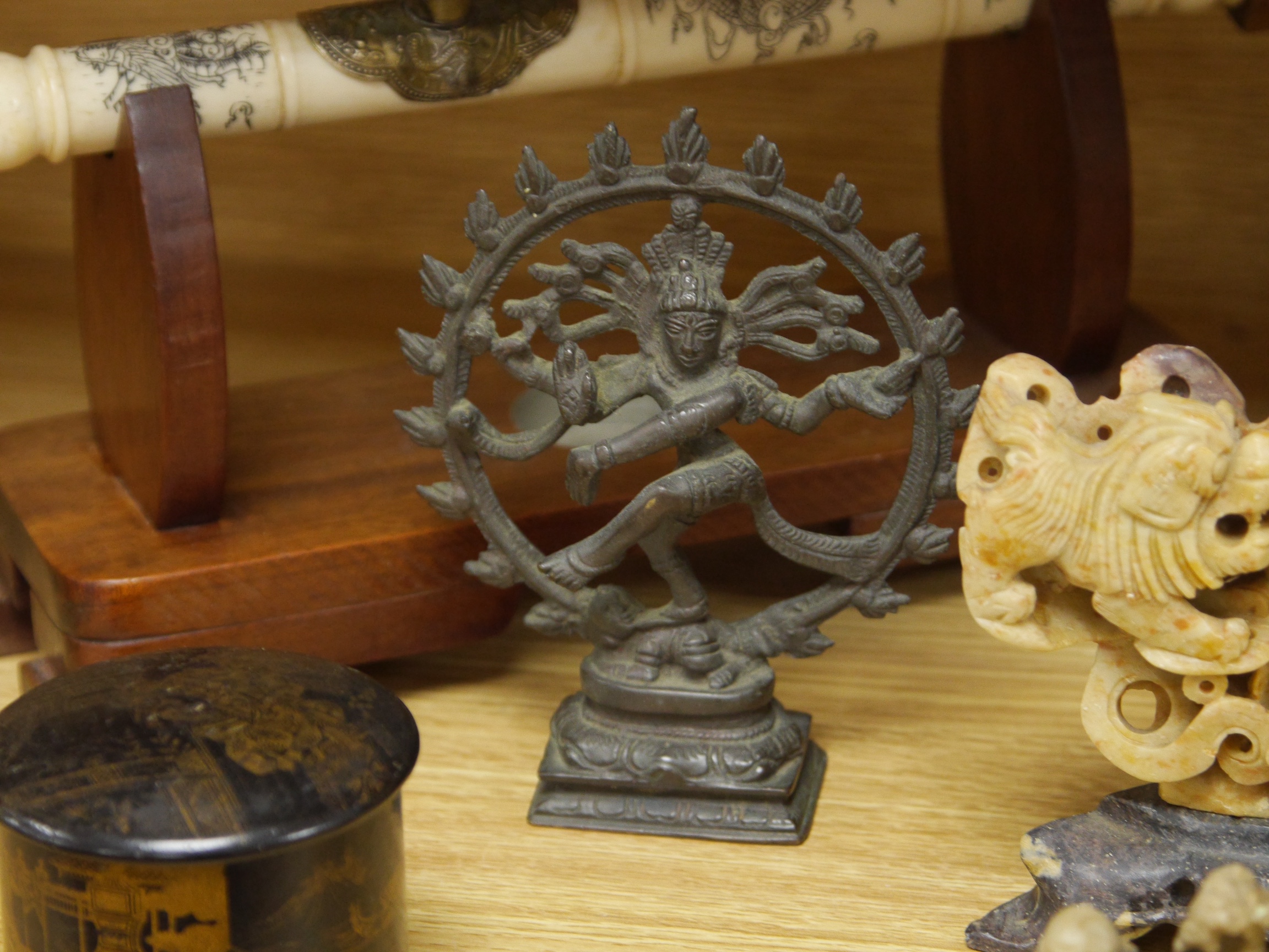 A group of Chinese and other south East Asian collectibles to include a bone opium pipe, cloisonné vase, lacquer box and cover, etc. Condition - varies, mostly fair to good